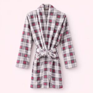 NWT Cozy Pink Heart Patterned Grey Plaid Robe w/ Hoodie